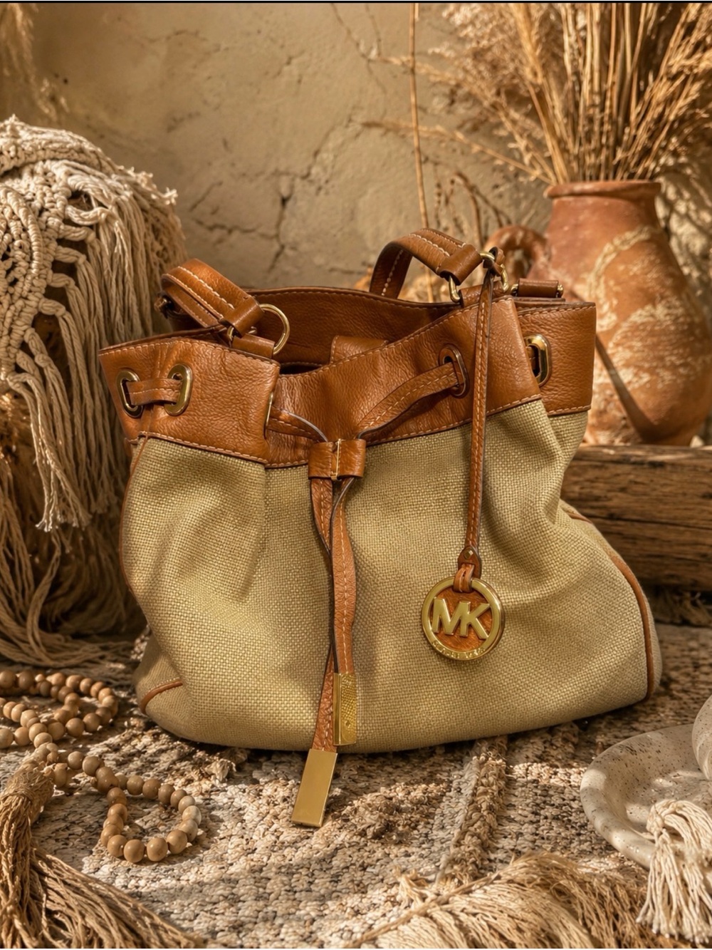 Michael Michael Kors gold Canvas & tsn Leather Drawstring Shoulder Bag